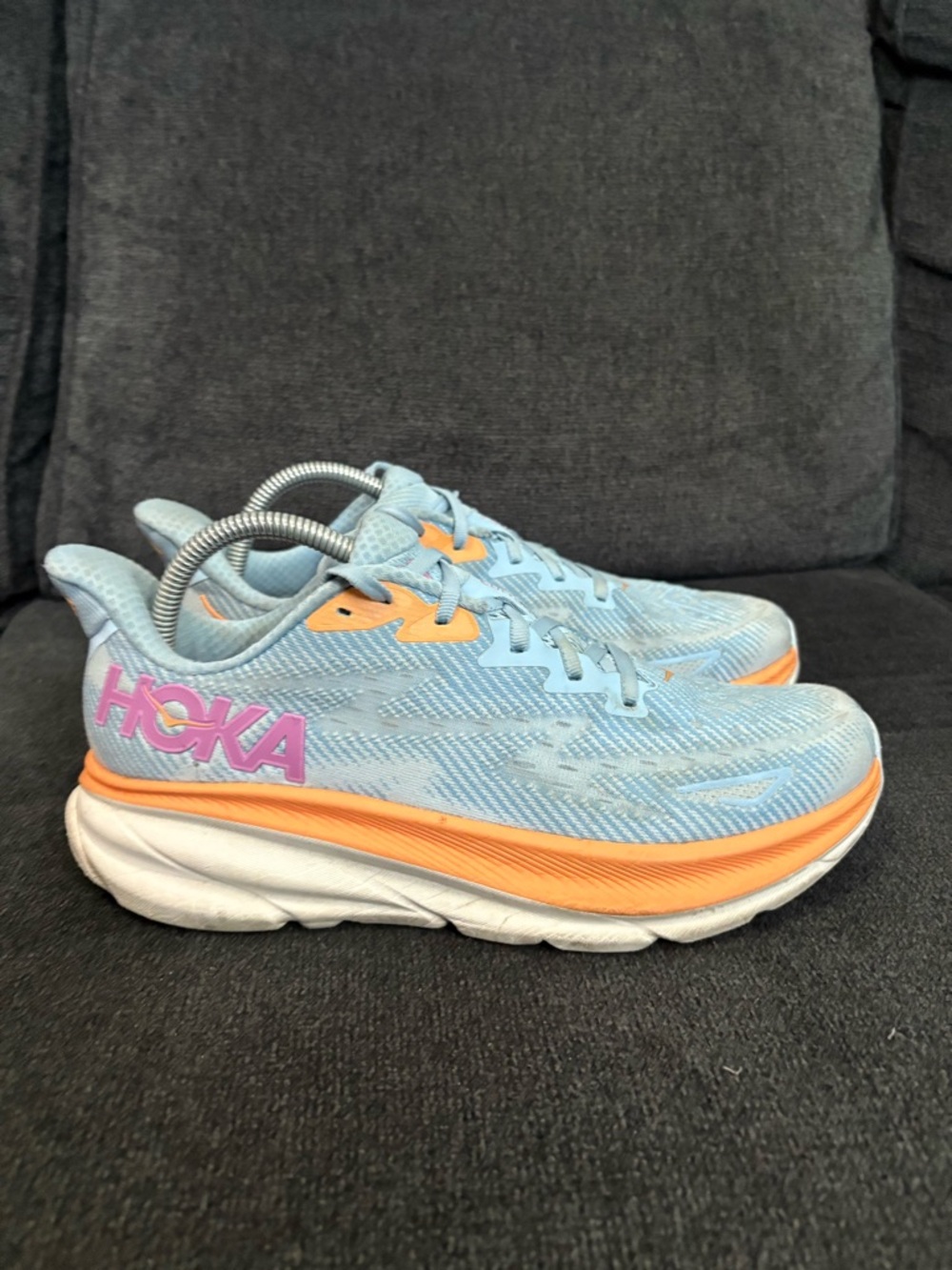 HOKA One One Clifton 9 Women's Running Shoes Size 10 Airy Blue/Orange 1127896